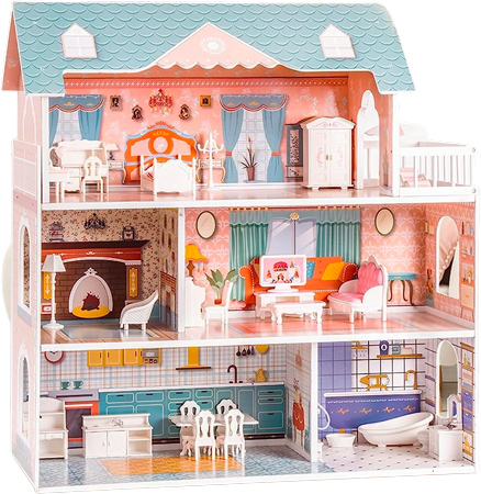 Wooden Dollhouse with Furniture