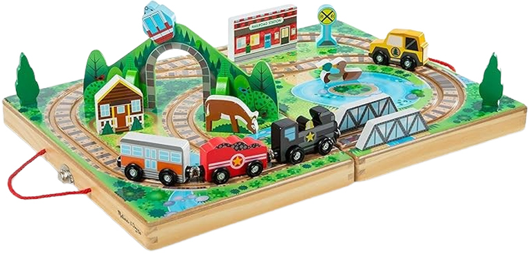 Portable Wooden Train Set with Built-in Track Case