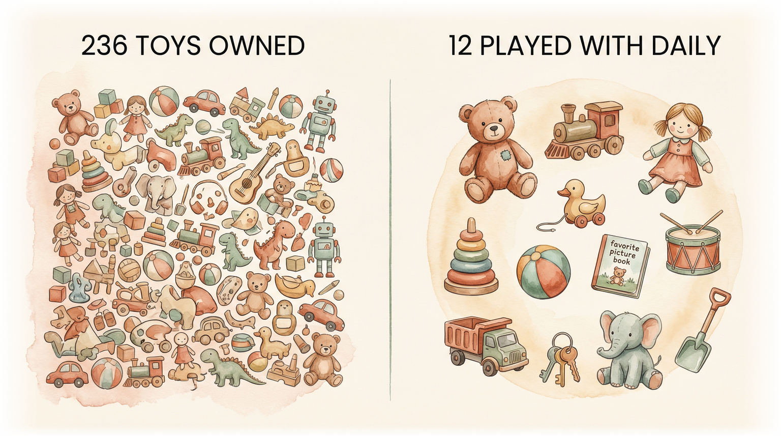 Chart comparing 236 toys owned versus only 12 played with daily