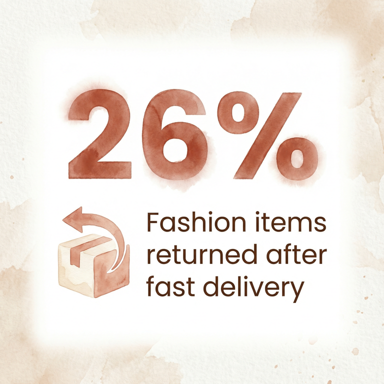 Stat showing 26 percent of fashion items returned after fast delivery