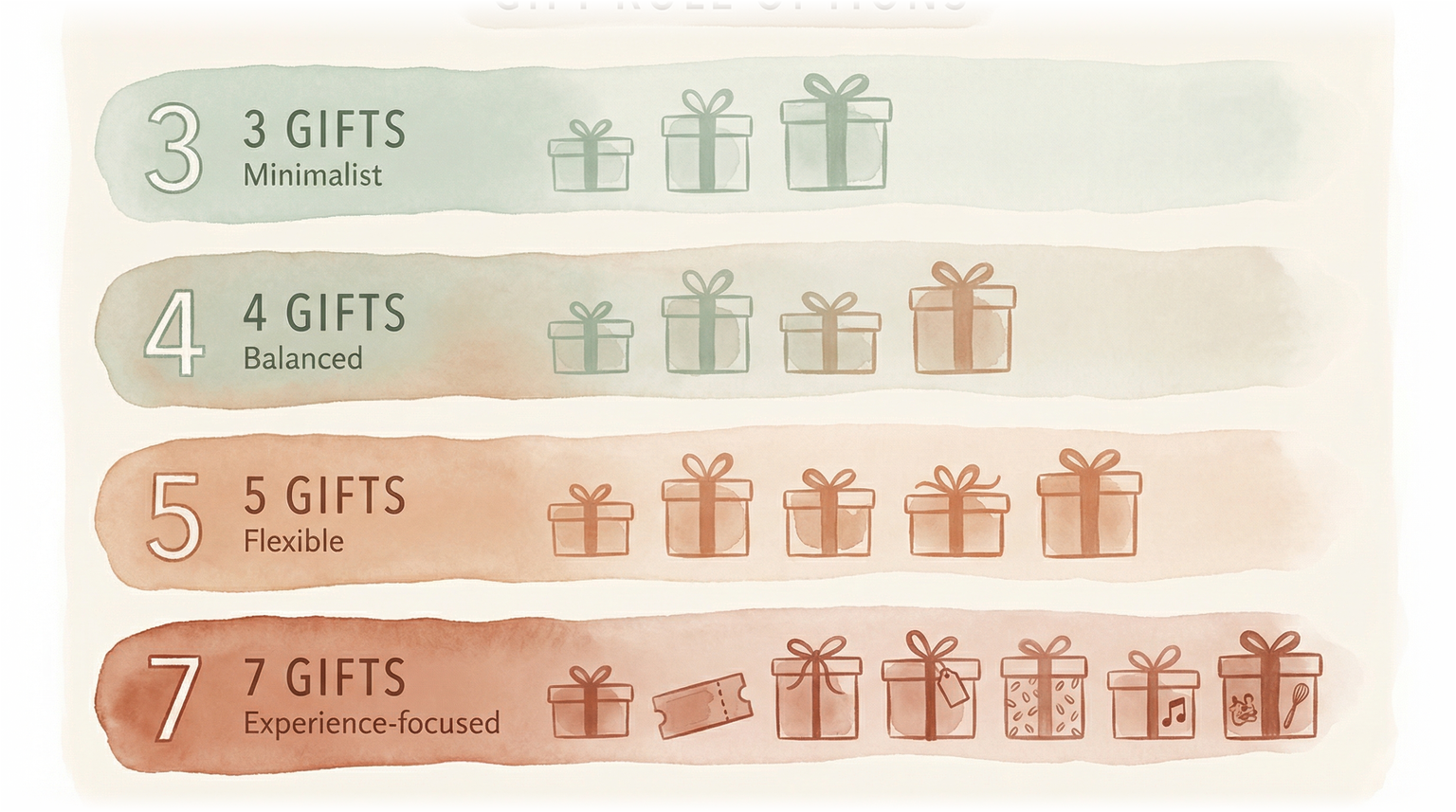 Visual comparison of 3 gift 4 gift 5 gift and 7 gift rule frameworks for Christmas