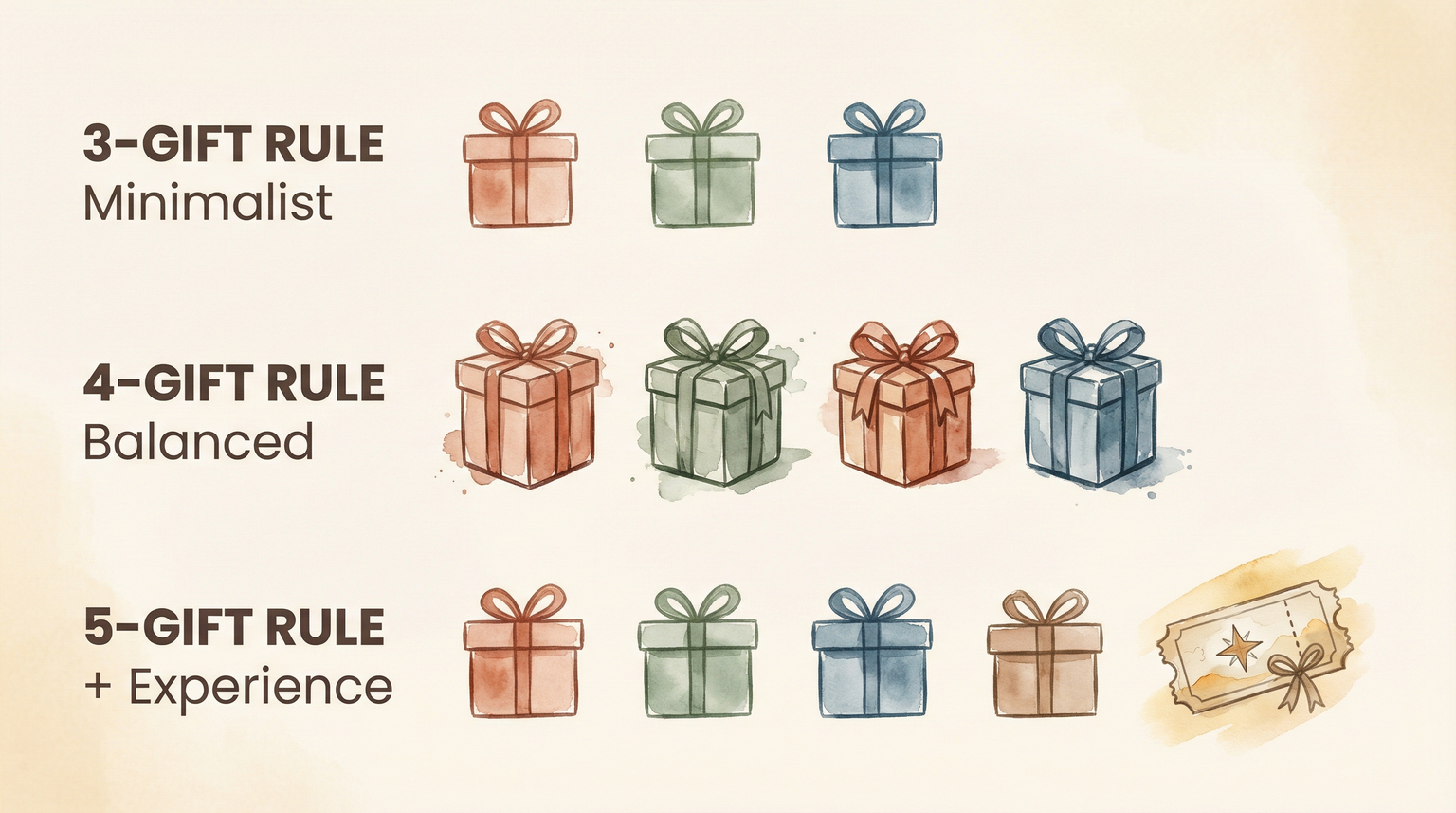 Visual comparison of 3-gift, 4-gift, and 5-gift rules showing minimalist to balanced to experience-added approaches
