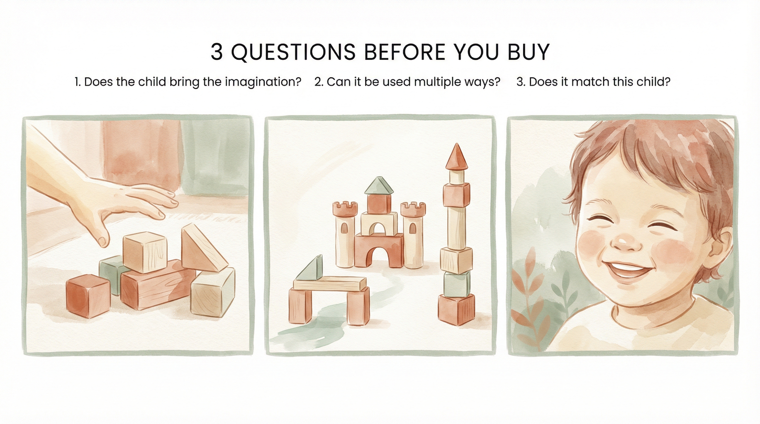 Three-panel infographic showing quality toy evaluation steps: child brings imagination, multiple uses, and matching the child