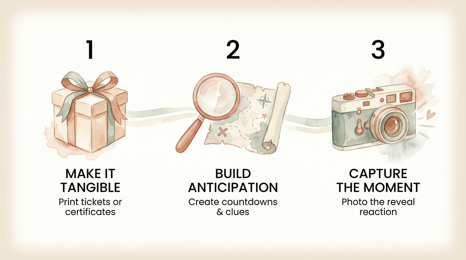 Three step guide showing make it tangible, build anticipation, and capture the moment for experience gift presentation