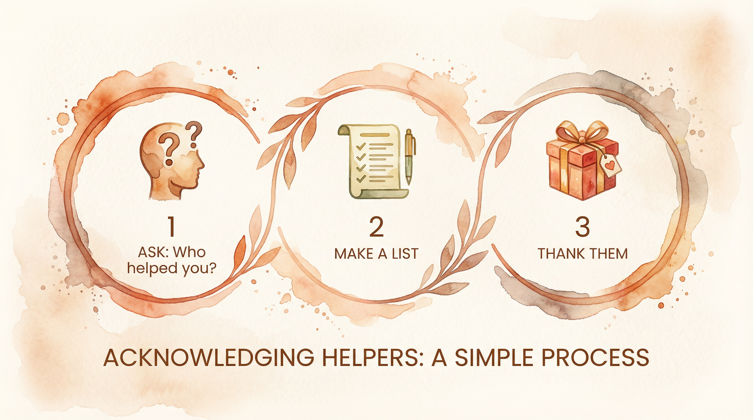 Three-step process for acknowledging helpers: ask who helped, make a list, thank them
