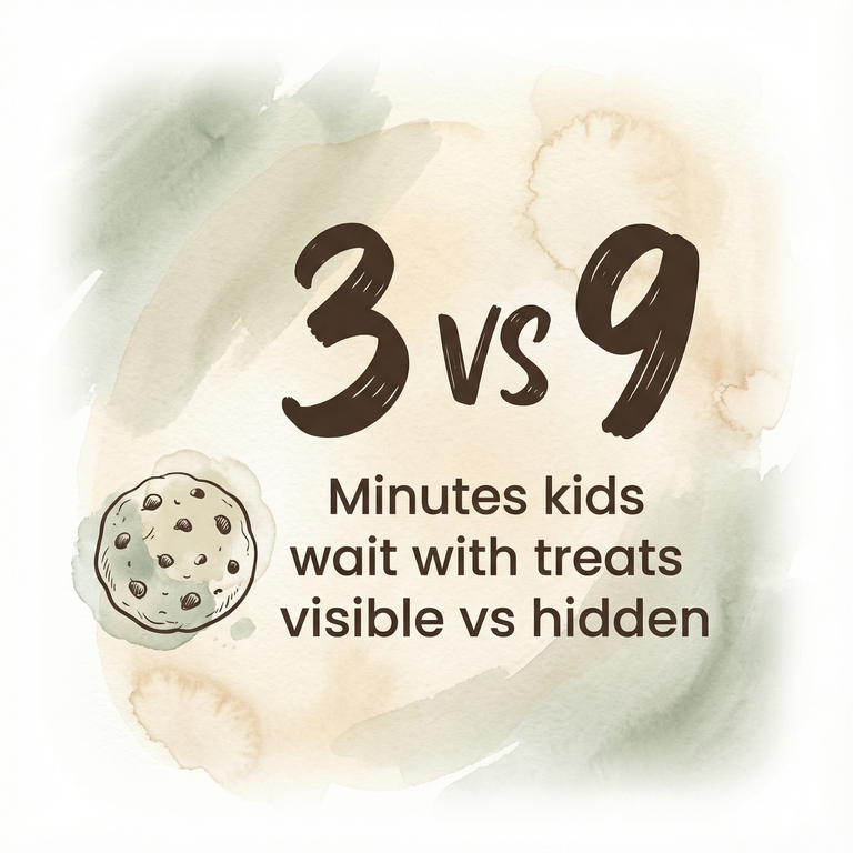 Stat comparing 3 minutes kids wait with treats visible versus 9 minutes with treats hidden