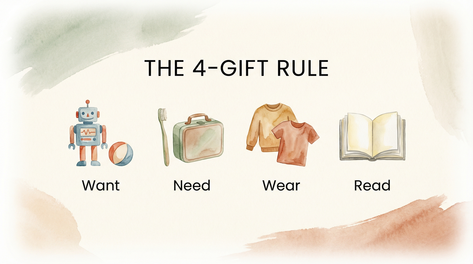 Four gift rule infographic showing icons for want need wear and read categories