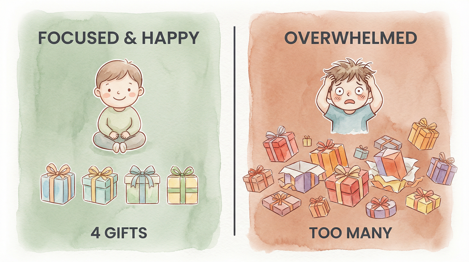 Comparison illustration showing calm focused child with 4 gifts versus overwhelmed child with too many presents