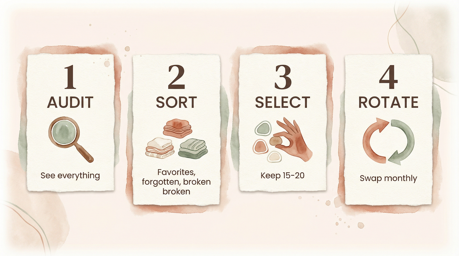 Four-step process diagram showing audit, sort, select, and rotate phases for implementing the 20-toy rule