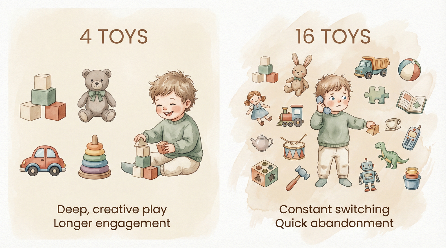Comparison chart showing 4 toys lead to deep creative play while 16 toys cause constant switching