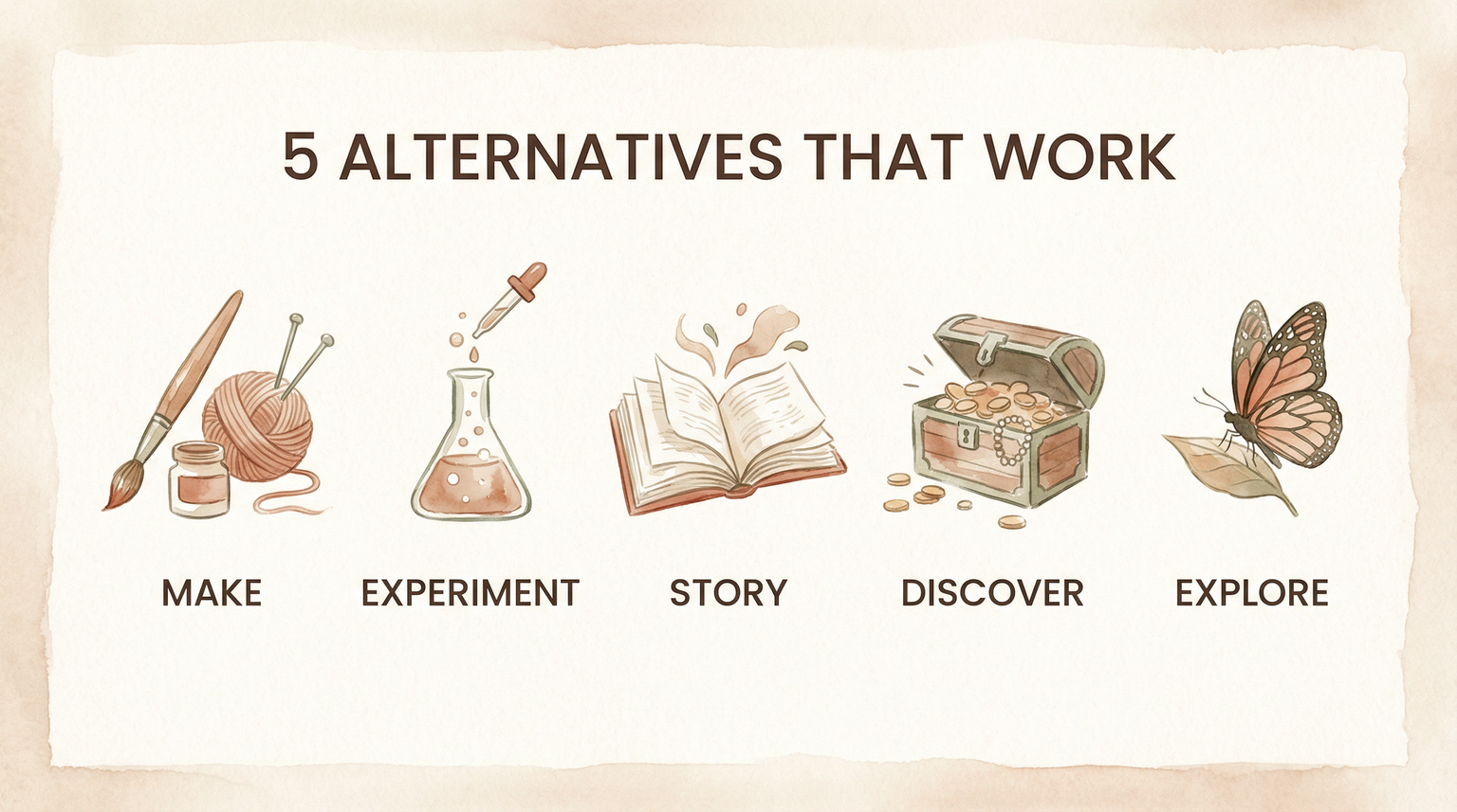 Infographic showing five unboxing alternatives: make, experiment, story, discover, explore
