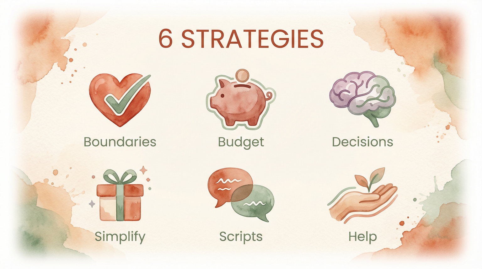 Six strategy icons for holiday gift-giving showing boundaries budget decisions simplify scripts and help