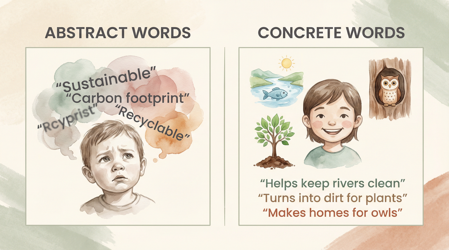 Comparison showing confused child with abstract environmental terms versus happy child understanding concrete nature words