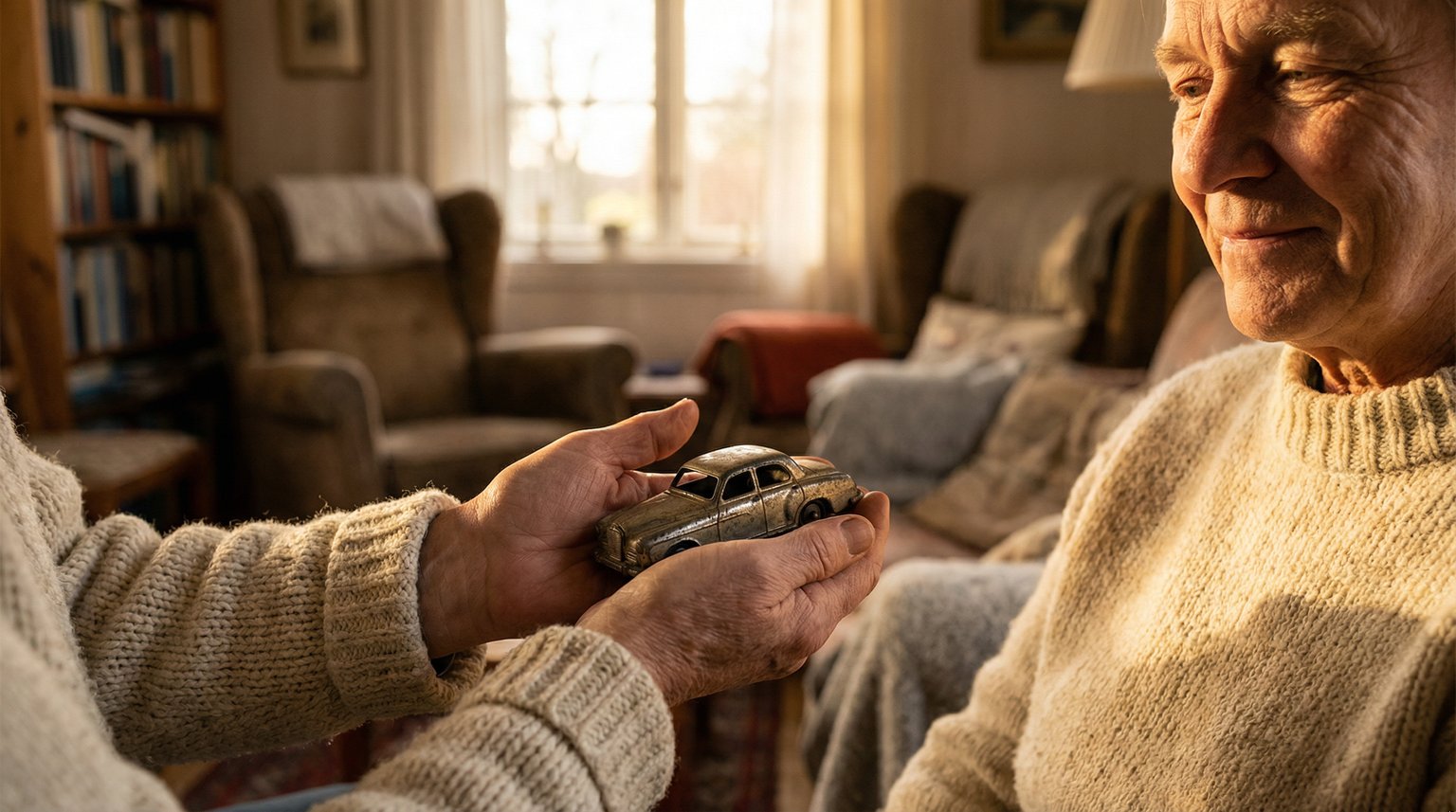Adult hands holding vintage toy car with nostalgic gentle smile in warm living room light