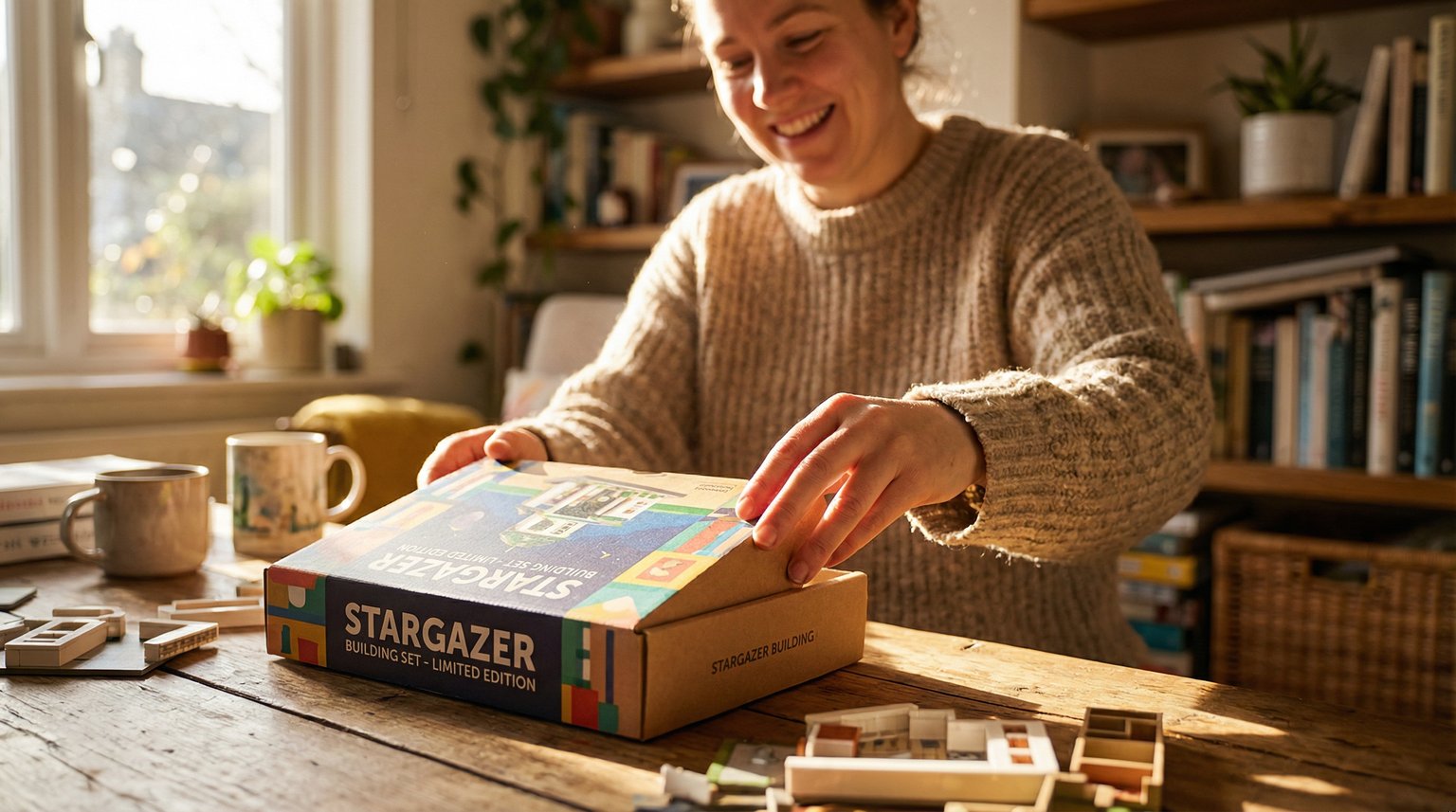 Adult hands opening new toy box with genuine excitement and joy in cozy home environment