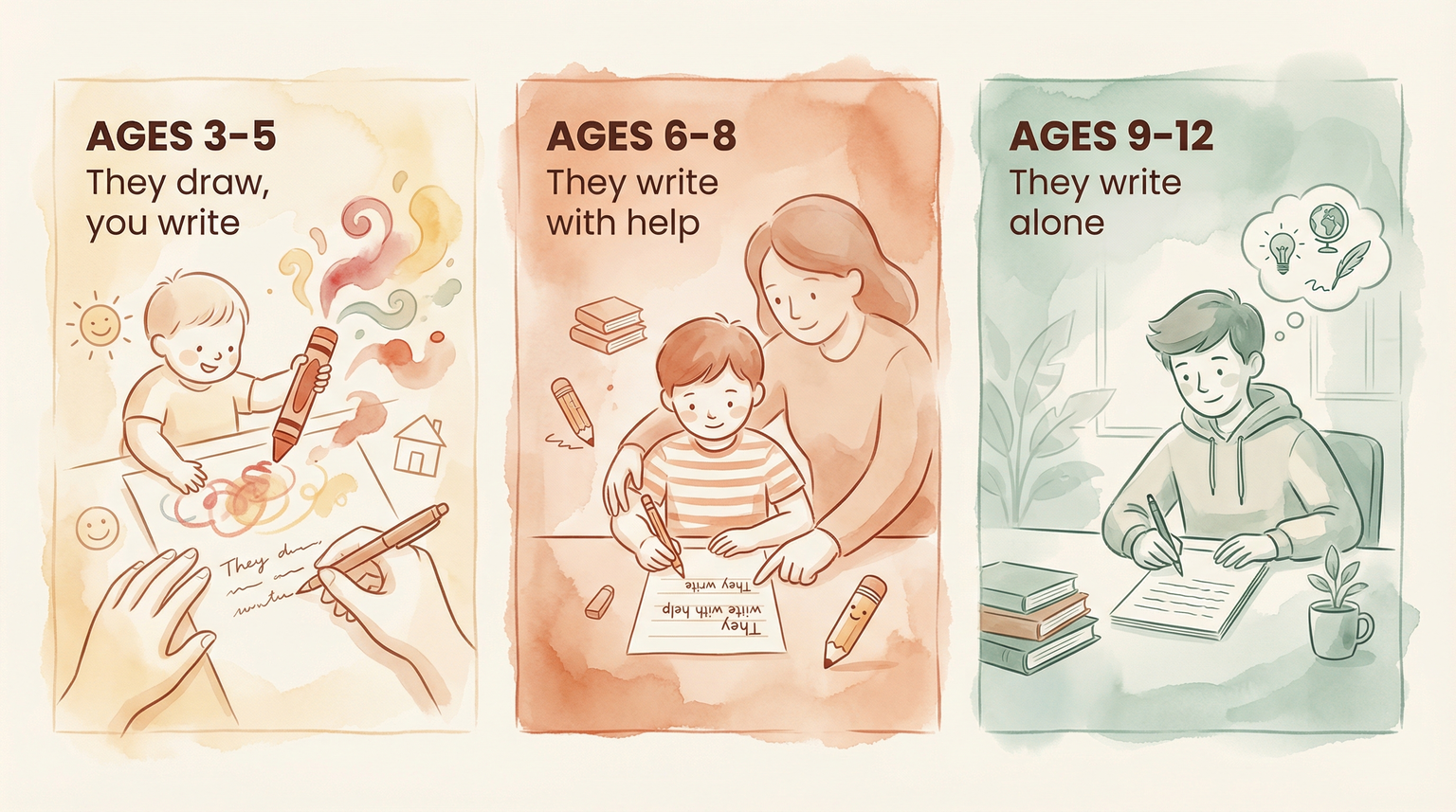Age guide infographic showing three panels for ages 3-5, 6-8, and 9-12 with different levels of parent involvement