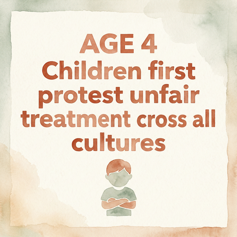 Stat showing age 4 is when children first protest unfair treatment across all cultures