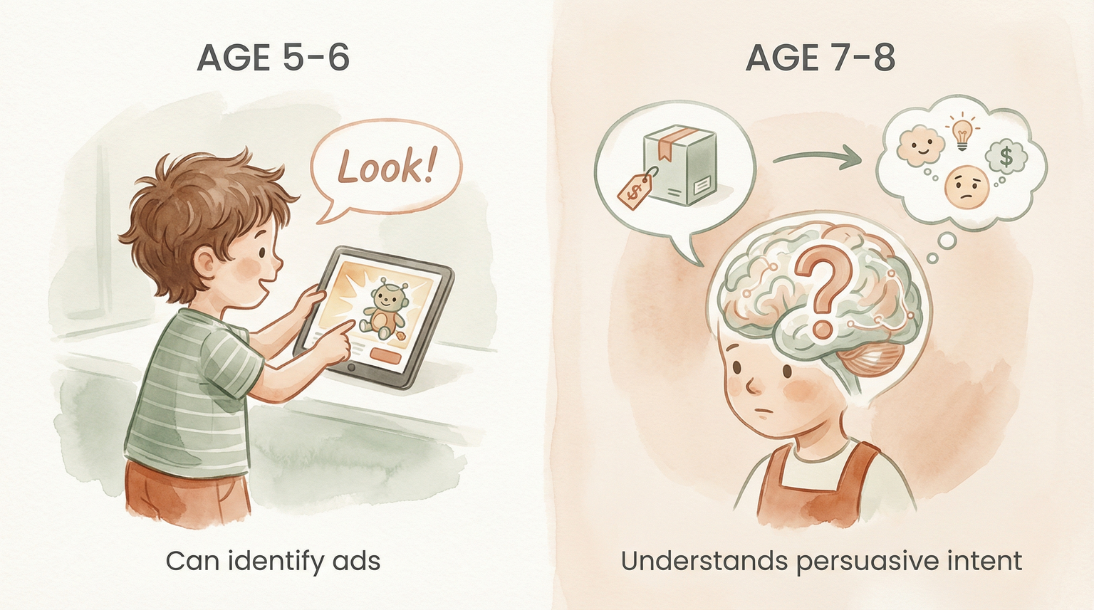 Infographic showing children can identify ads at age 5-6 but understand persuasive intent at age 7-8