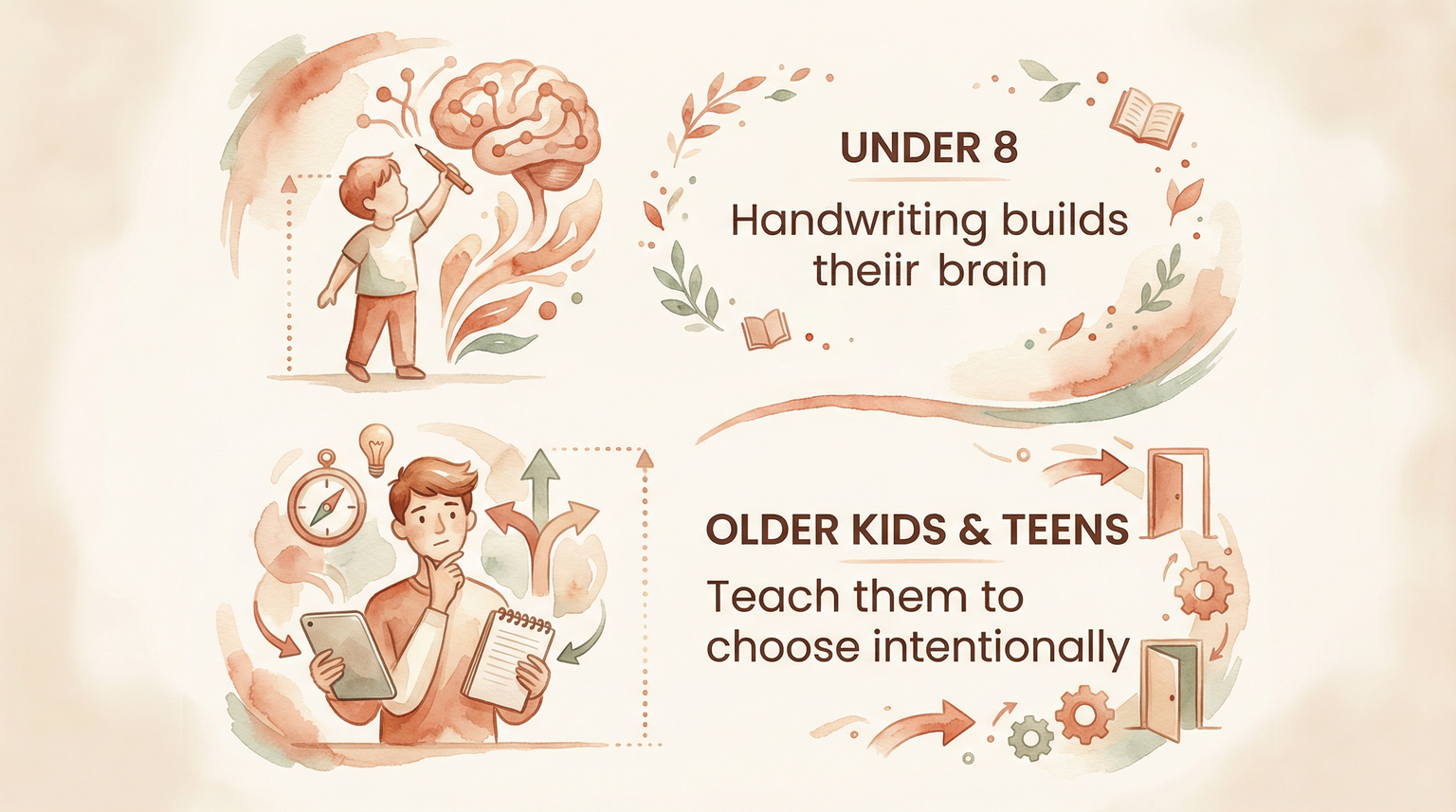 Infographic showing under 8 handwriting builds brain while older kids and teens should learn to choose intentionally