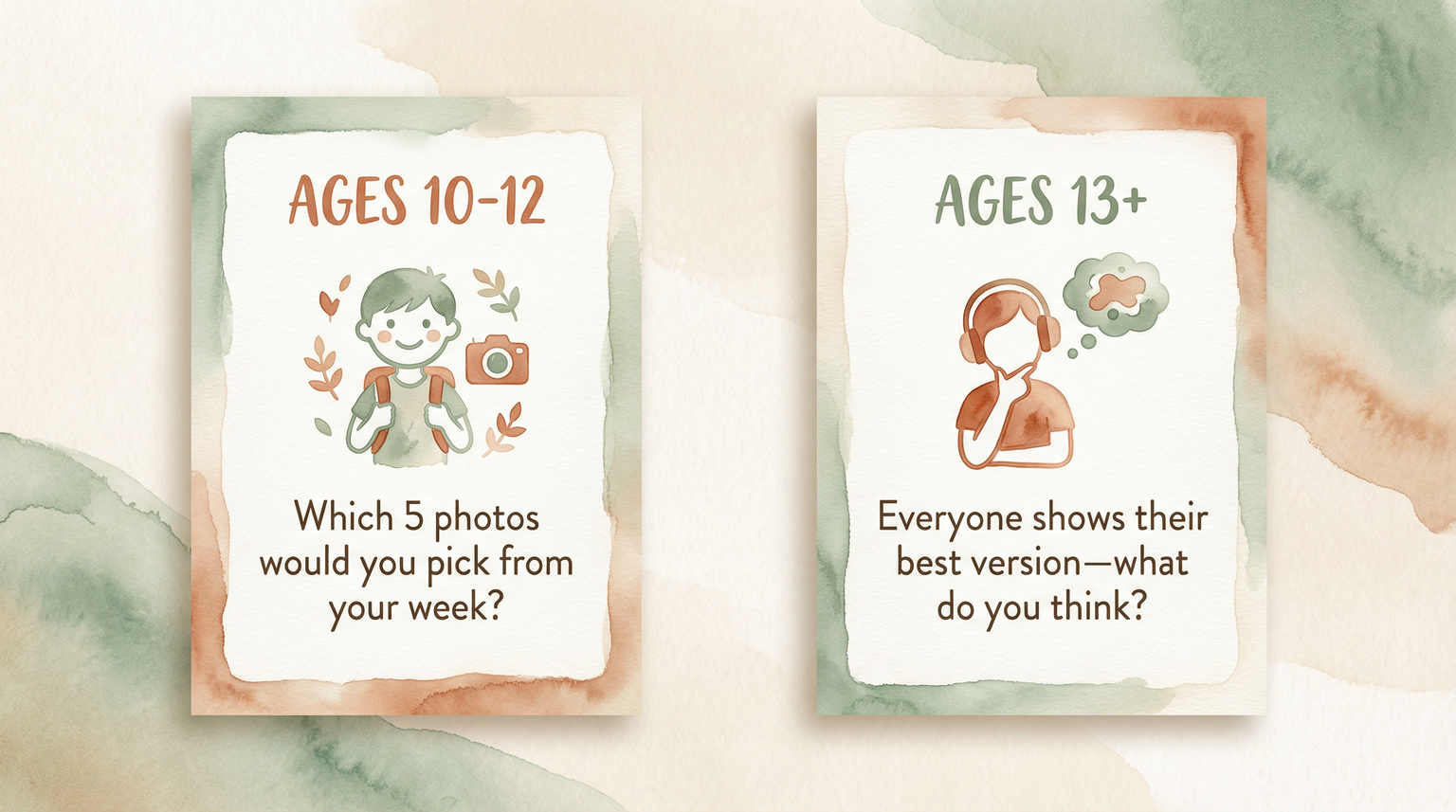Two conversation starter cards showing age-appropriate questions for tweens and teens about social media