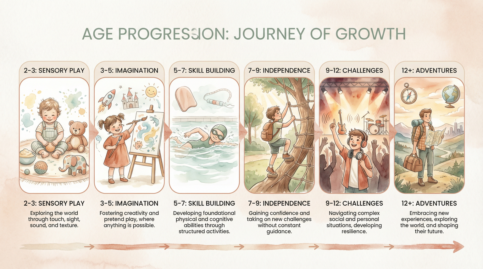 Age progression infographic showing experience gift ideas from toddlers to teens