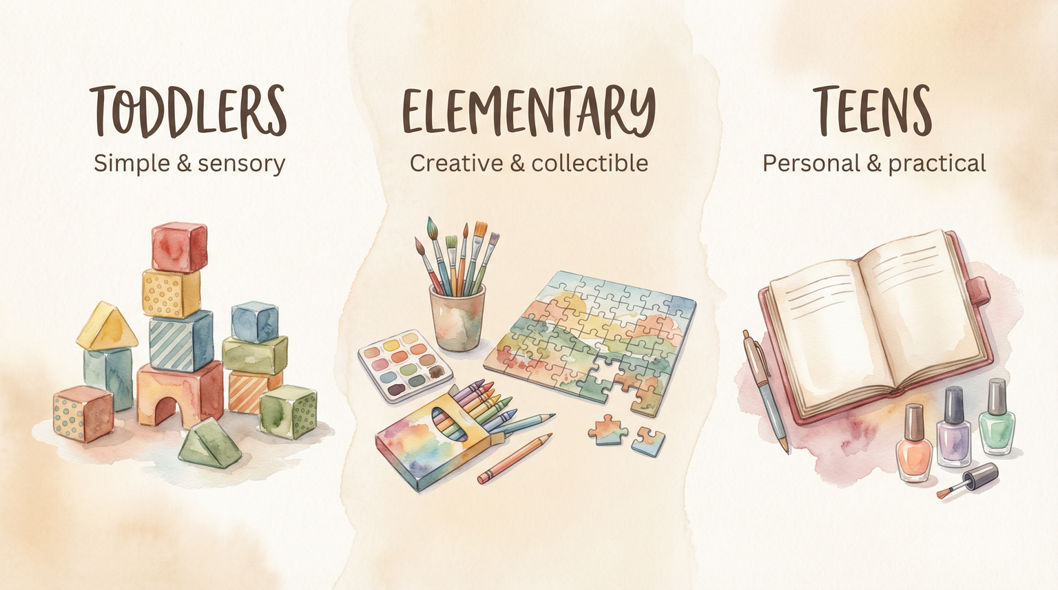 Three age groups with activity icons showing toddler blocks, elementary crafts, and teen journal