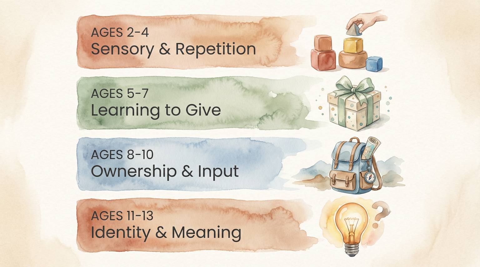 Infographic showing four age groups for gift traditions from toddlers through preteens with key developmental focuses