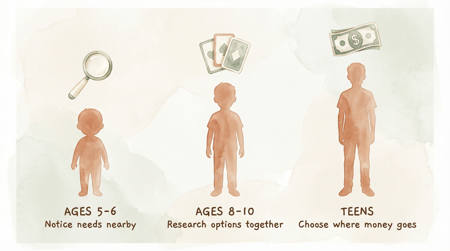 Infographic showing age-appropriate giving stages from noticing needs to researching causes