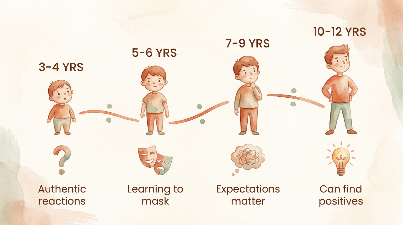 Timeline showing four age groups from 3-4 years with authentic reactions through 10-12 years who can find positives