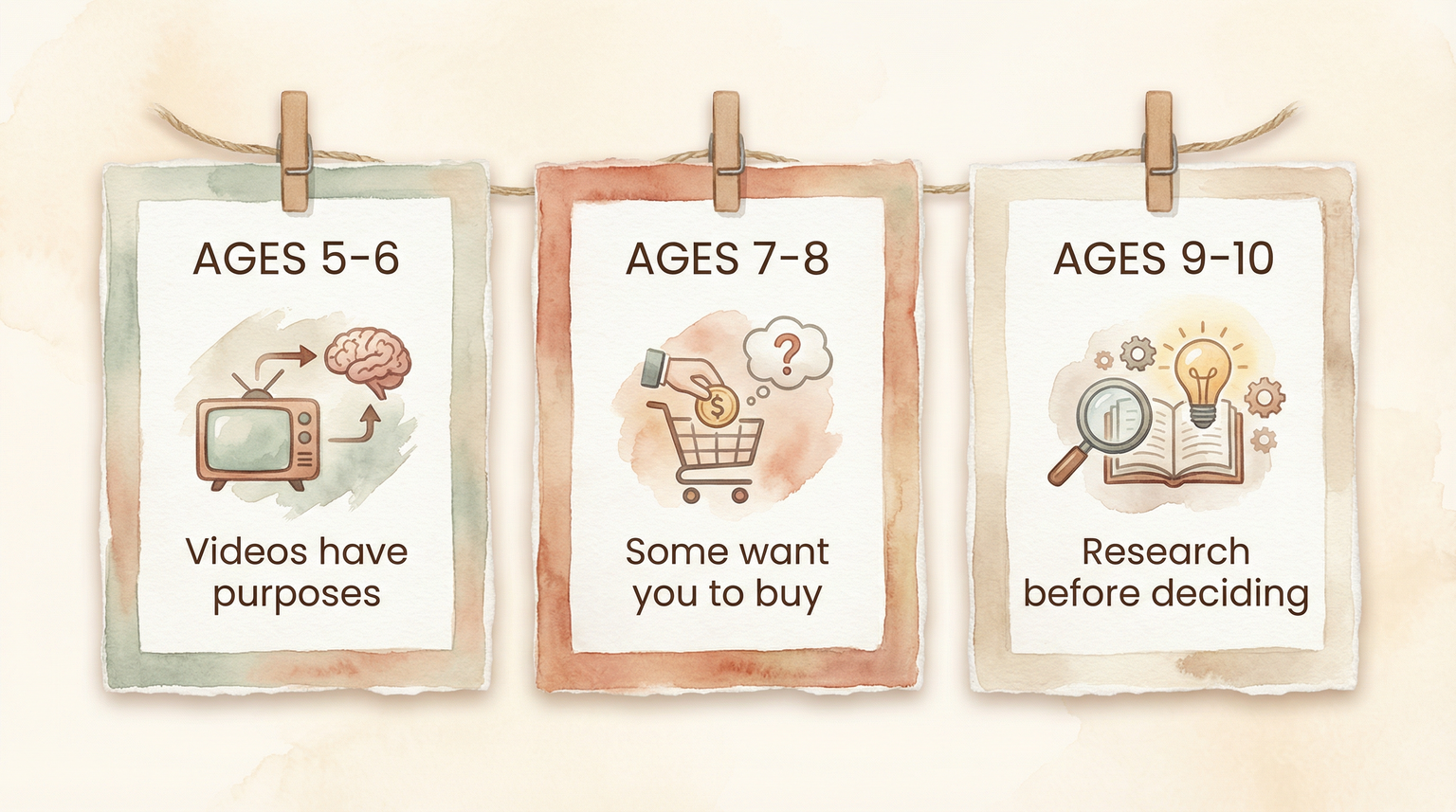 Three age milestone cards showing progression from videos have purposes to some want you to buy to research before deciding