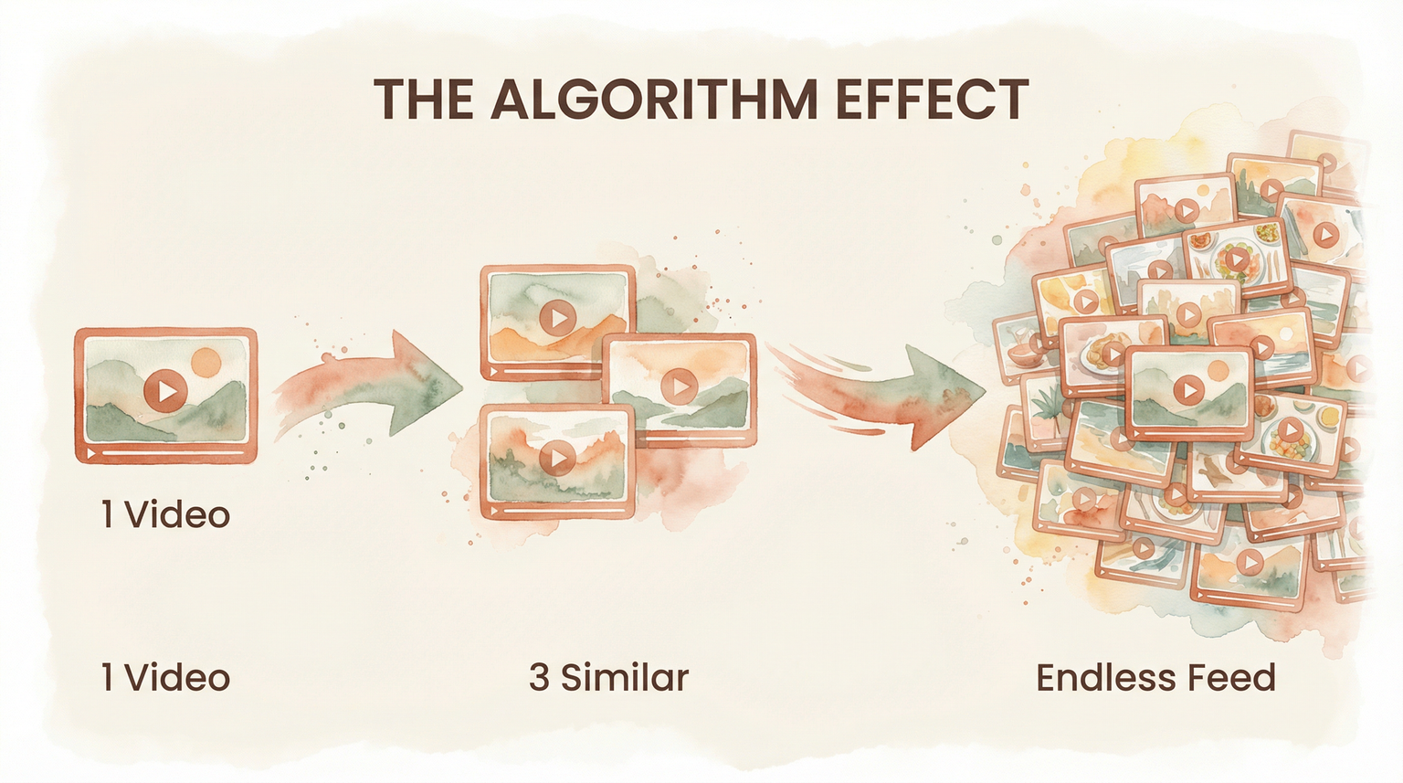 Infographic showing how one video leads to three similar videos then an endless feed through algorithm recommendations