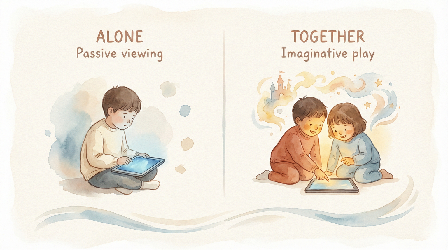 Comparison showing passive solo screen time versus engaged social screen play