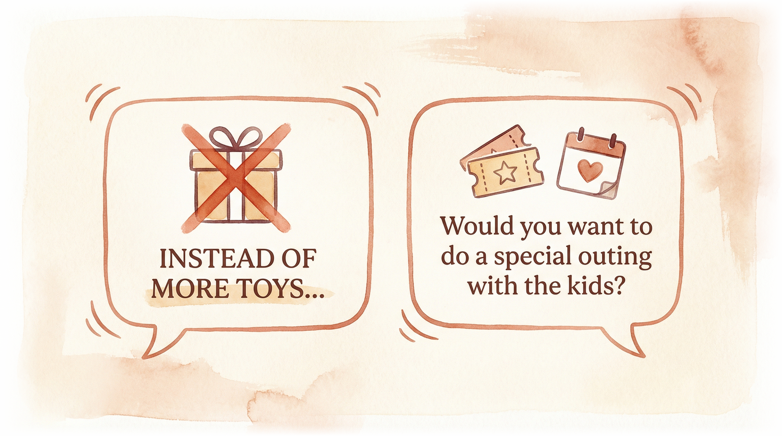 Illustration showing alternatives to toy gifts including experience outings and quality time together