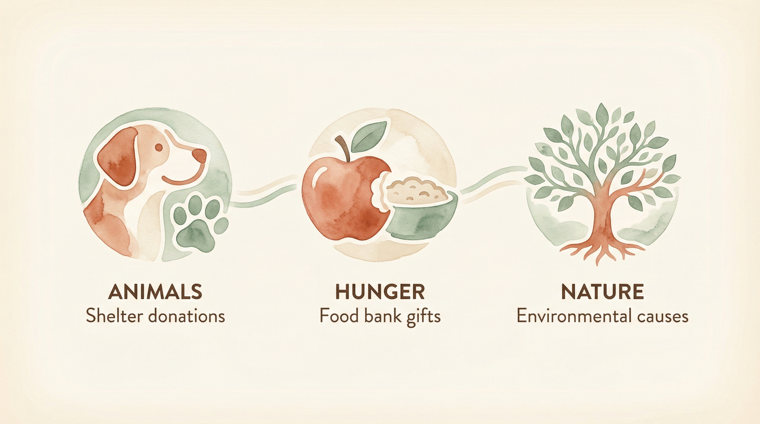 Three cause icons showing animals, hunger, and nature options for children's first donation
