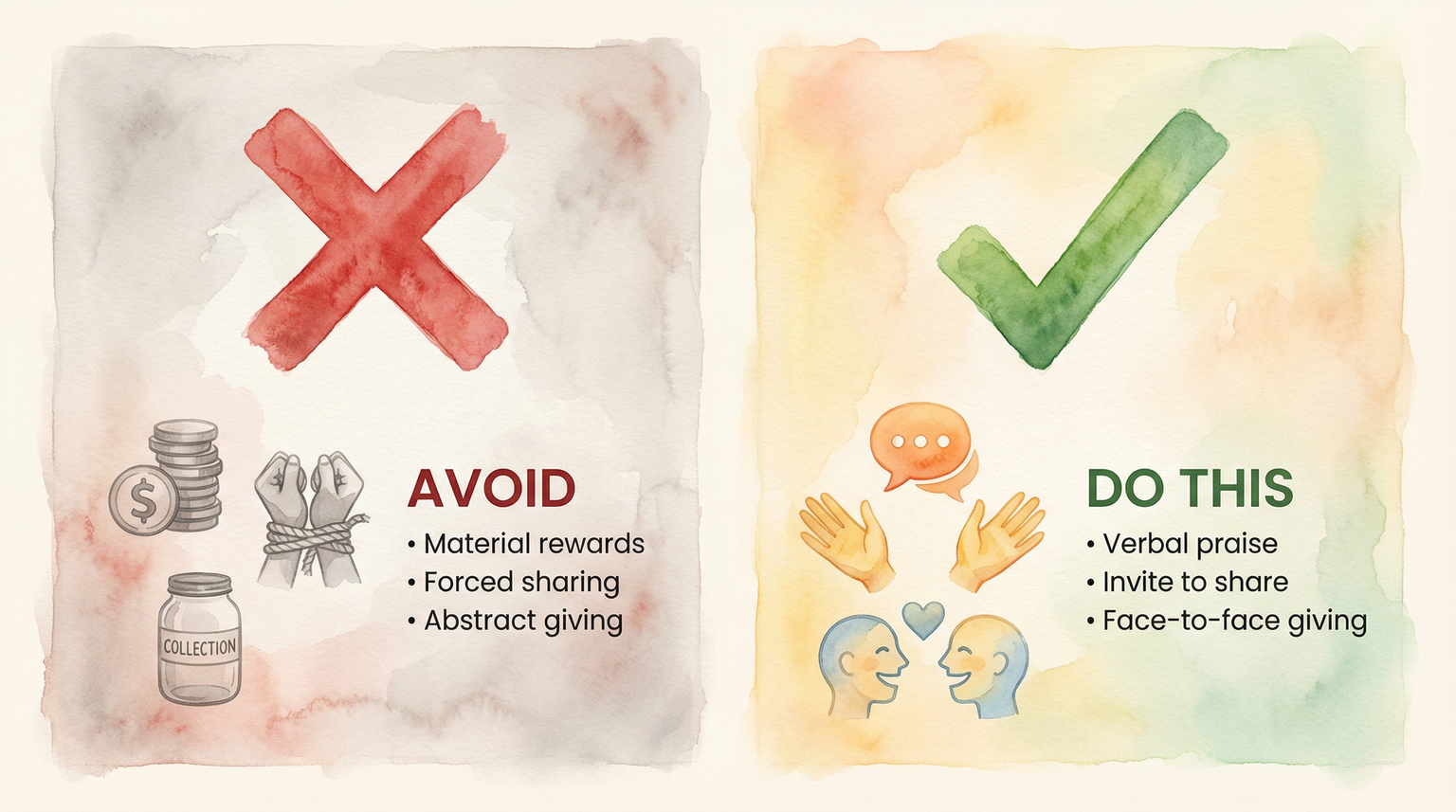 Comparison chart showing approaches to avoid versus approaches that build genuine generosity