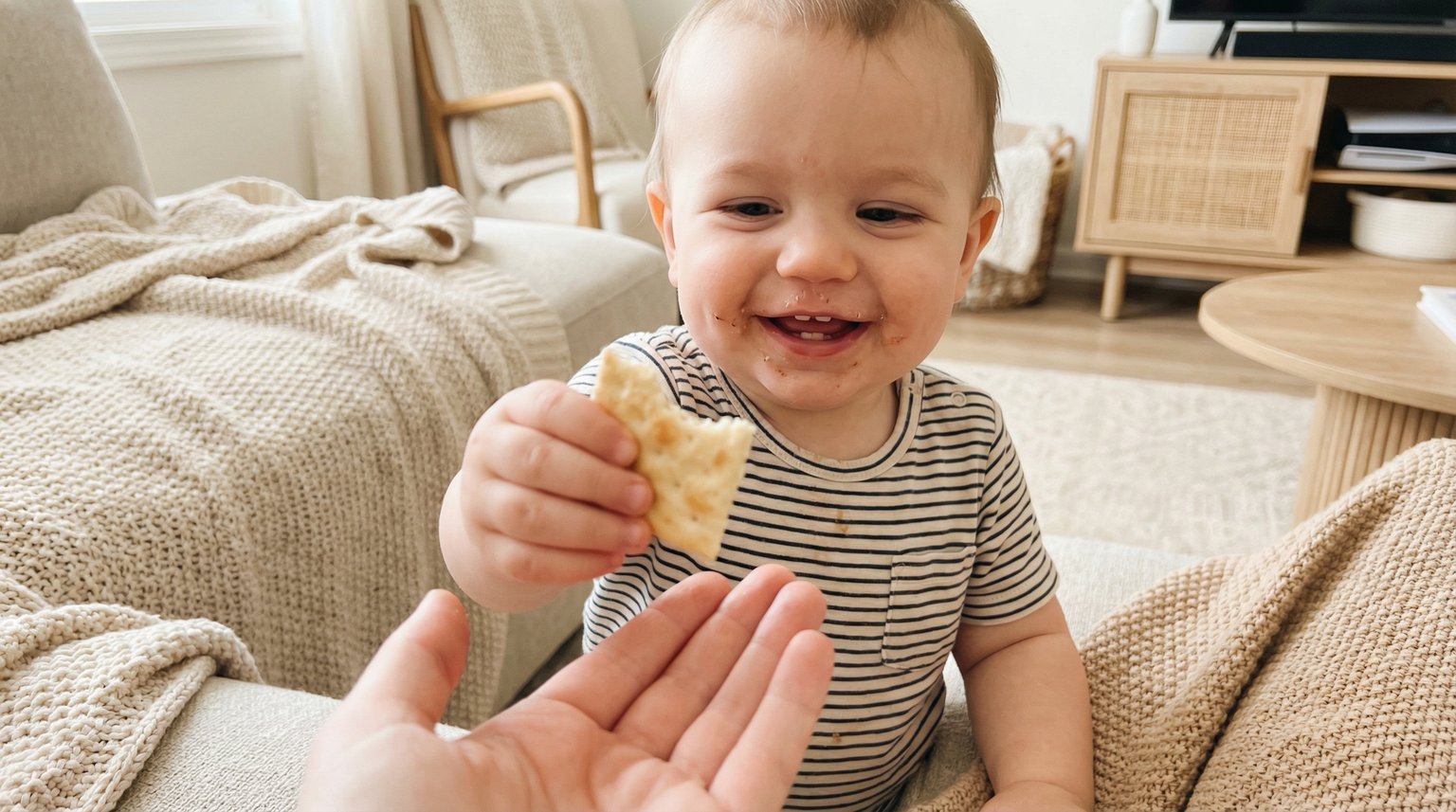 Baby around 18 months offering a soggy cracker to parent with delighted generous expression