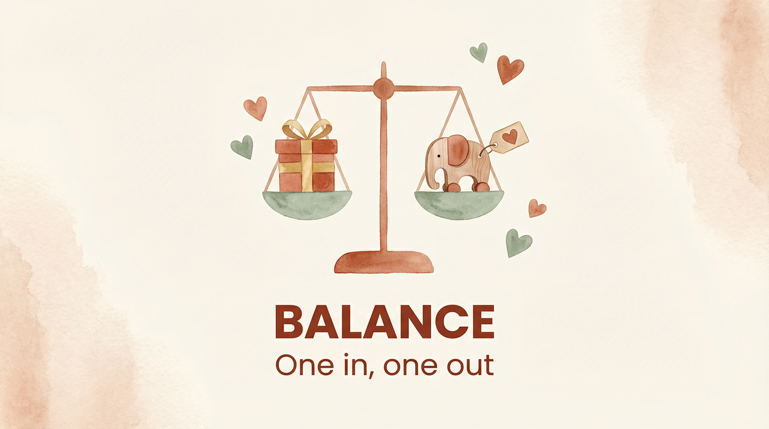 Balanced scale illustration showing one toy in and one toy out in perfect equilibrium