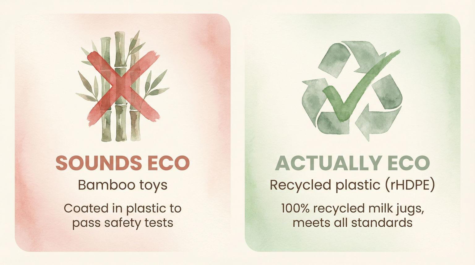 Comparison showing bamboo toys require plastic coating versus recycled plastic being genuinely eco-friendly