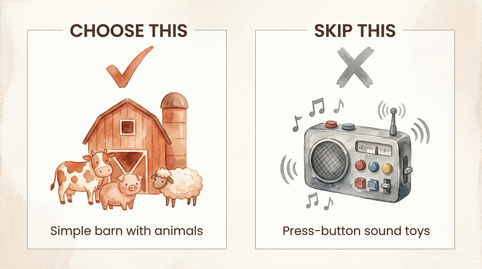Comparison showing simple barn with animal figures to choose versus electronic press button sound toy to skip