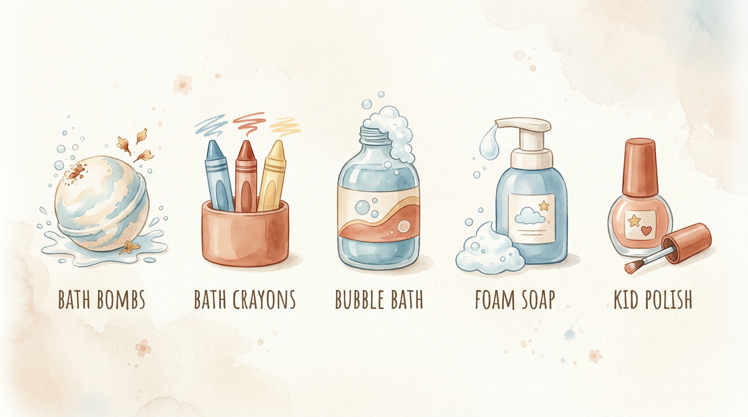 Illustrated icons showing bath bombs, bath crayons, bubble bath, foam soap, and kid nail polish