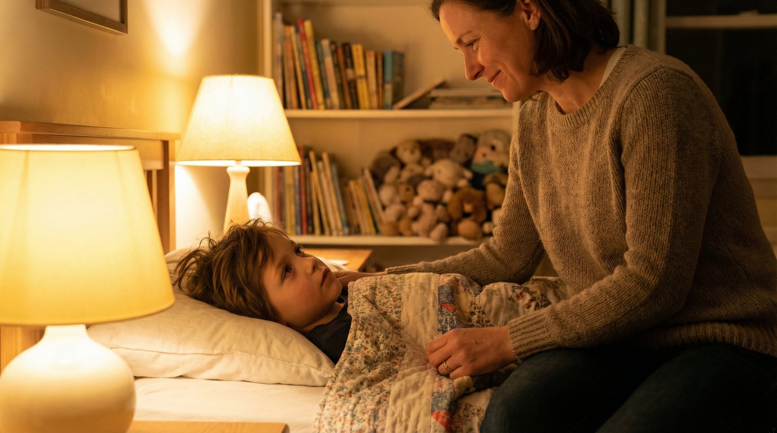 Parent sitting on edge of child's bed at bedtime with soft lamp light creating intimate moment