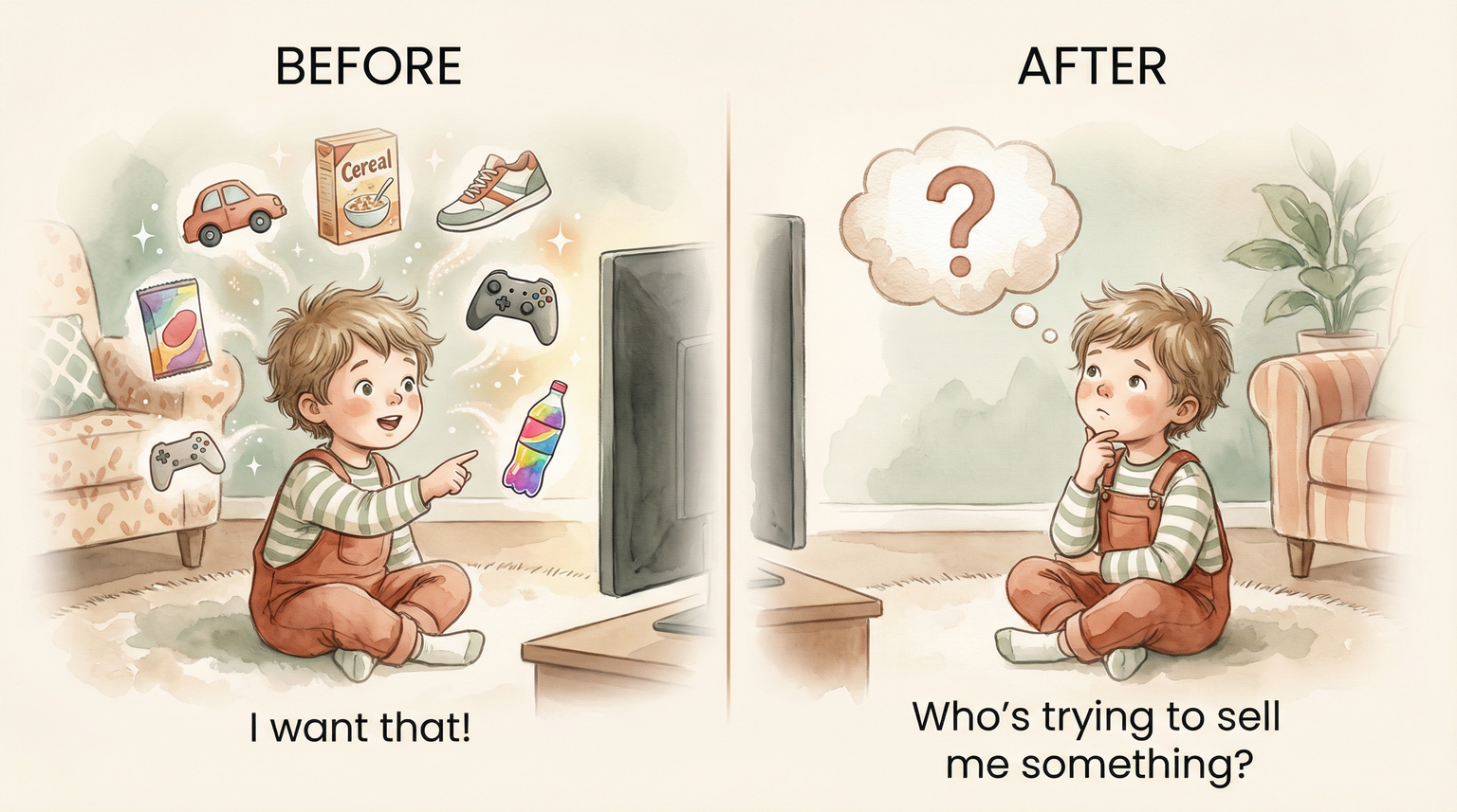 Two-panel illustration showing child going from wanting everything to questioning who is trying to sell them something