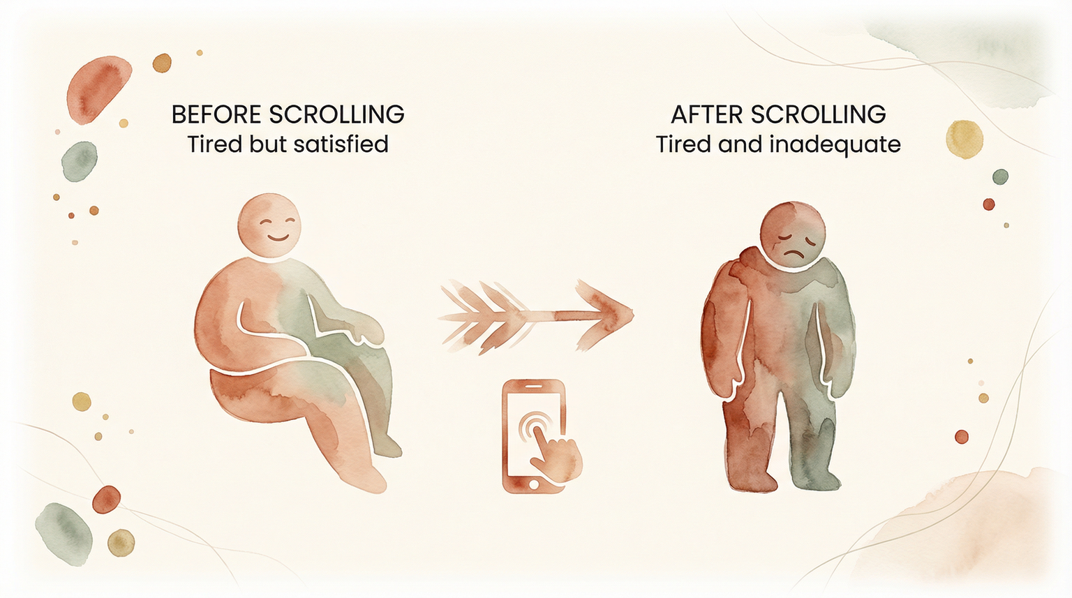Illustration showing mood shift from tired but satisfied before scrolling to tired and inadequate after