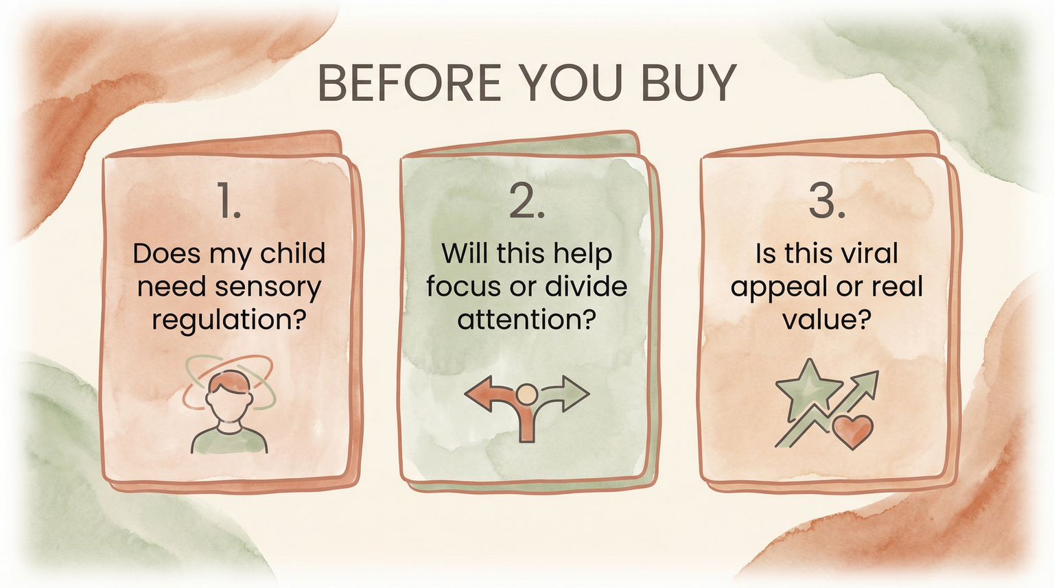 Three-step guide asking if child needs sensory regulation, if toy helps or divides attention, and if purchase is viral appeal or real value