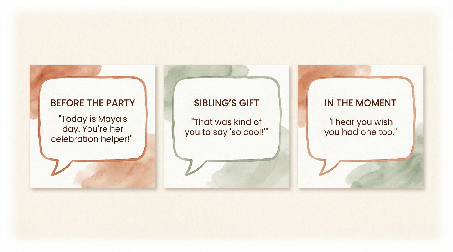 Three script cards showing what to say before a party, during sibling gift opening, and in jealous moments