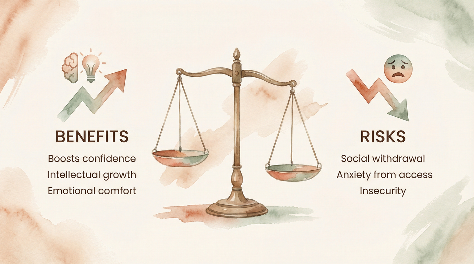 Balance scale showing parasocial relationship benefits like confidence versus risks like anxiety