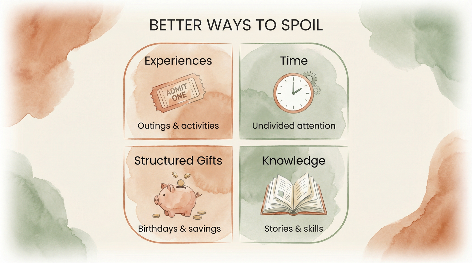 Infographic showing four better ways to spoil grandchildren through experiences, time, structured gifts, and knowledge