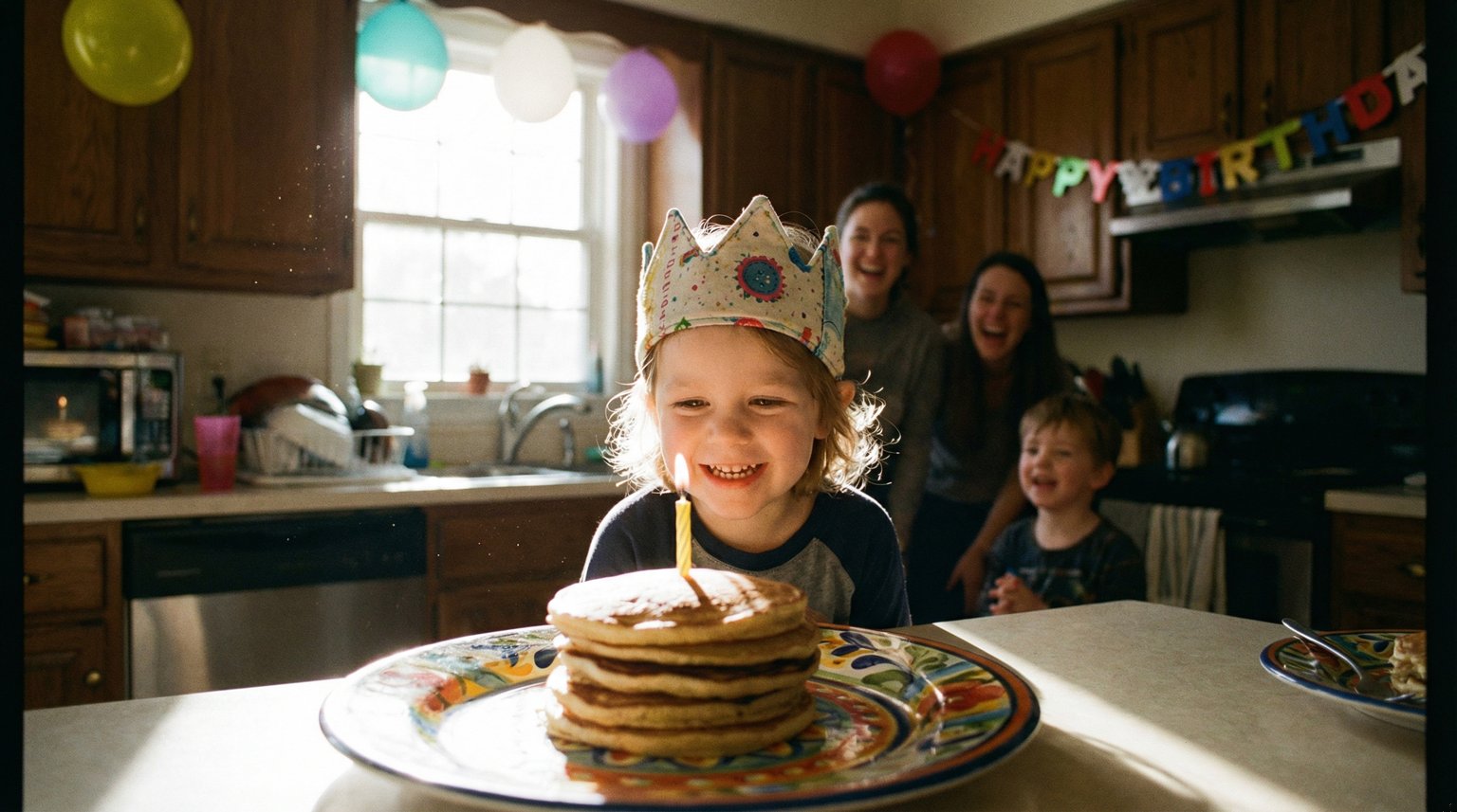 Child wearing birthday crown at breakfast table with special plate and pancakes with candle