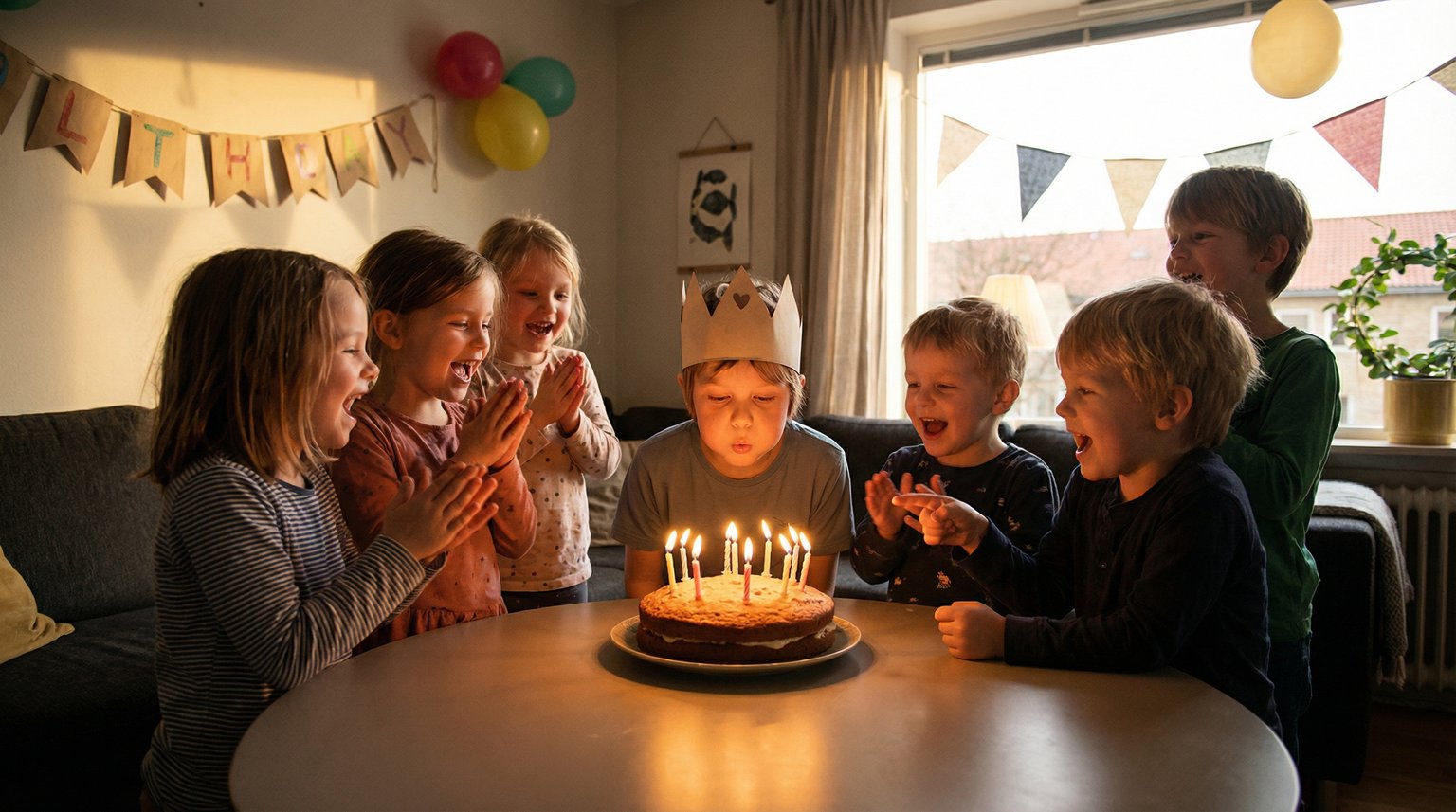 Children gathered around birthday child about to blow out candles with excited happy faces showing shared joy