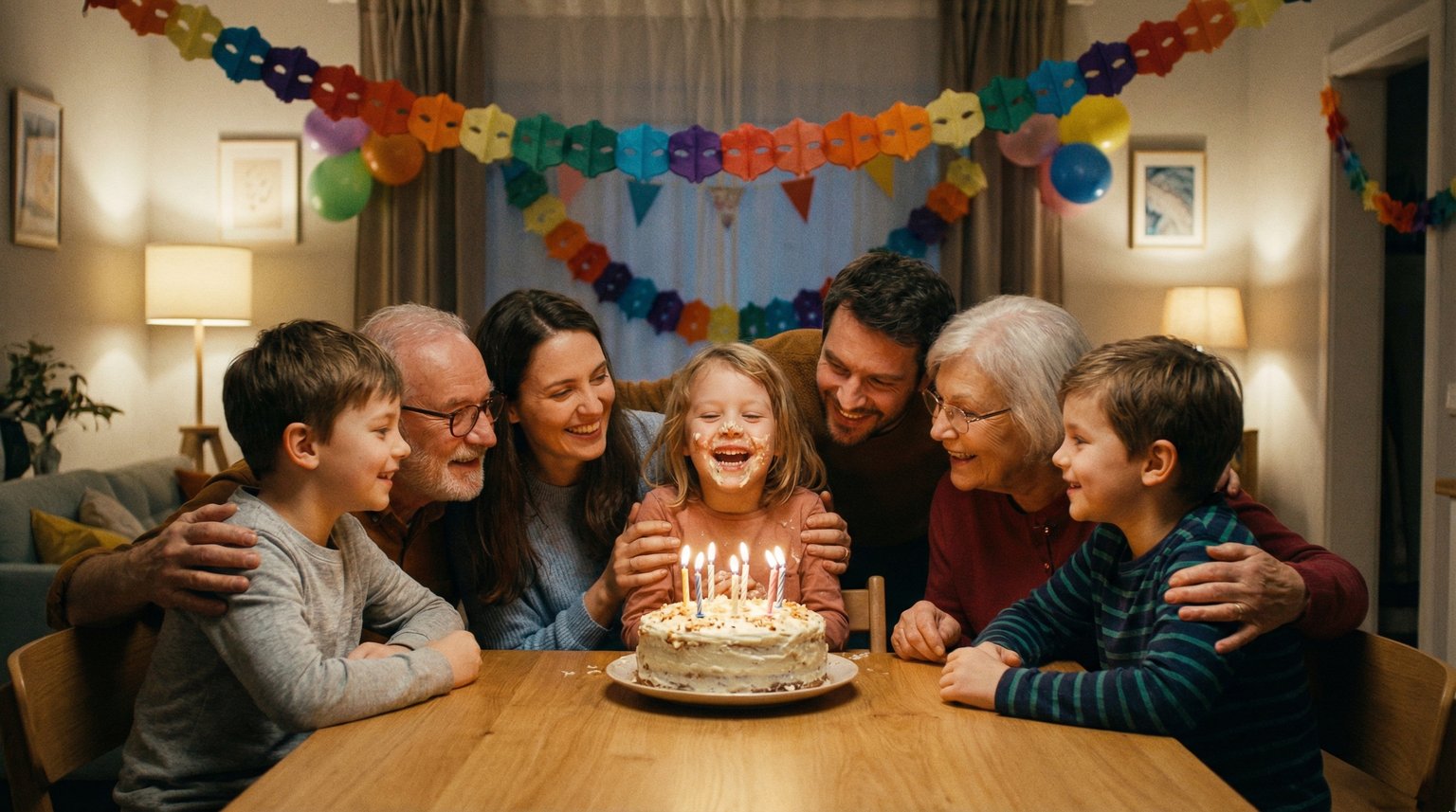 Happy child at birthday party table with cake and candles surrounded by smiling family members in warm candlelight
